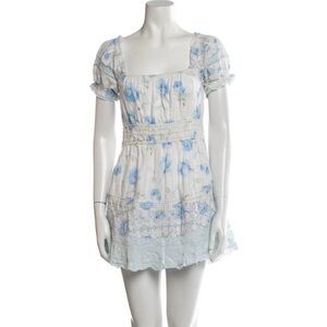 LoveShackFancy blue and white floral mini dress with lace trim